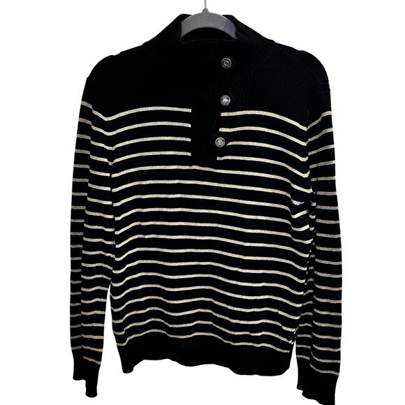 Lauren Ralph Lauren Sweater Womens XL Black Gold Stripe Pullover Button Old Mone - Picture 1 of 10